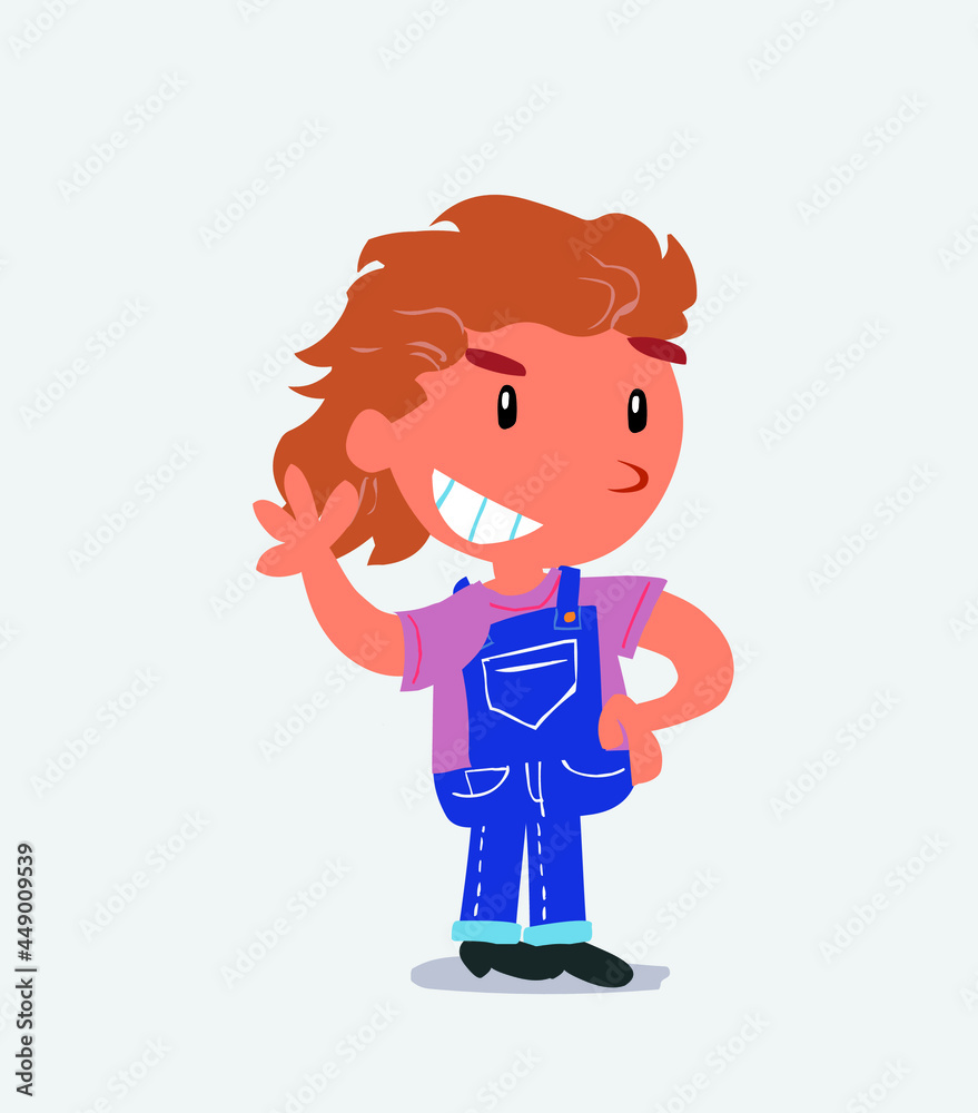 cartoon character of little girl on jeans waving while smiling. cartoon character of little girl on jeans waving while smiling.