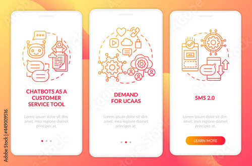 Messaging software trend red onboarding mobile app page screen. Customer service tool walkthrough 3 step graphic instructions with concepts. UI, UX, GUI vector template with linear color illustrations