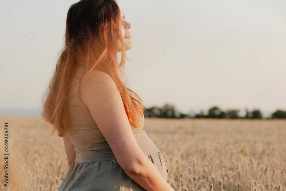 beautiful young pregnant woman walks in ripe wheat field at sunset, expectant mother with red hair relax in nature stroking her belly with her hand