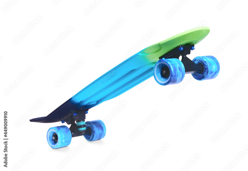 Pastel blue rainbow colored board skateboard standing on two wheels isolated on white background. Plastic mini cruiser Youth minimalistic Sport inspired summer fun concept. Copy space. Stock Photo | Adobe Stock