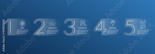 5 steps or option infographic with numbers and icons. Business process, presentation, timeline info graphic template. Workflow layout design with five parts. Vector illustration.