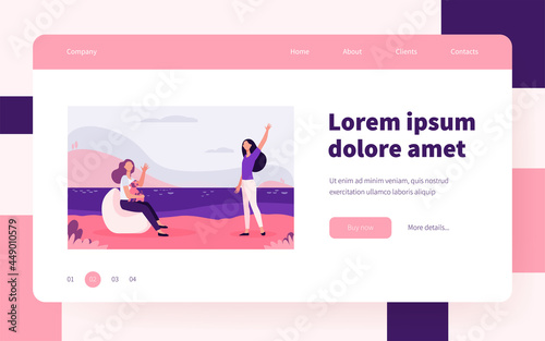 Female friends meeting outdoors and waving hello. Woman holding little dog in arms flat vector illustration. Friendship, pet care concept for banner, website design or landing web page