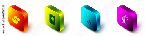 Set Isometric Saucepan, Cookbook, Chef hat and Water tap icon. Vector