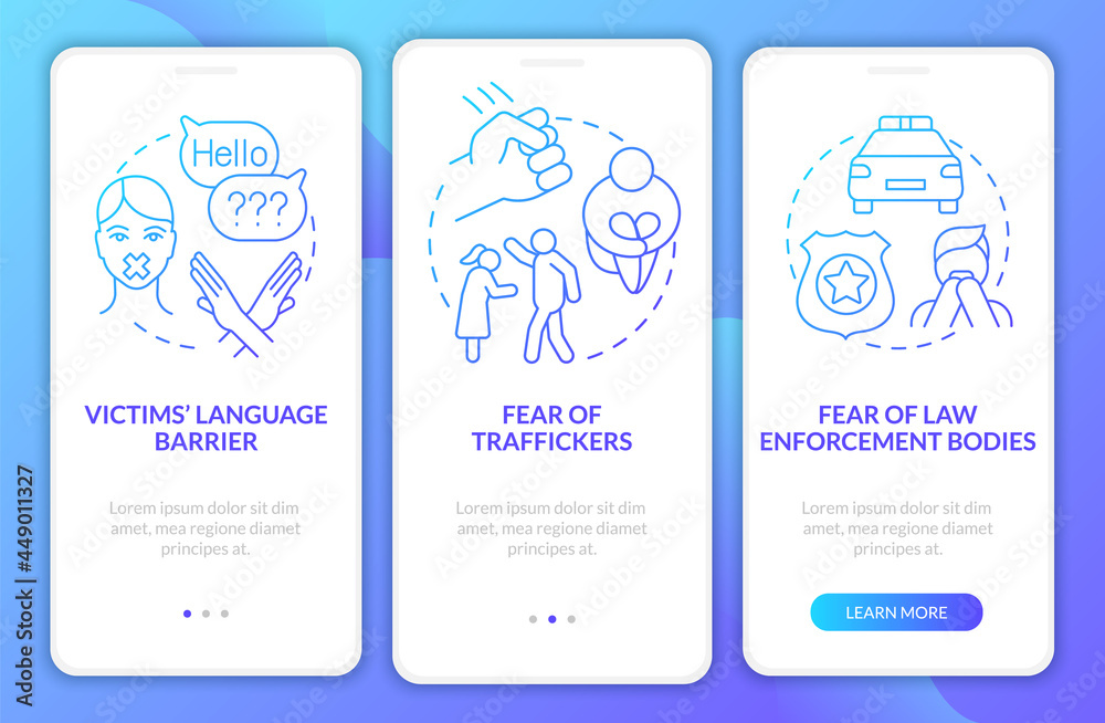 People trafficking victims onboarding mobile app page screen. Traumatic experience walkthrough 3 steps graphic instructions with concepts. UI, UX, GUI vector template with linear color illustrations People trafficking victims onboarding mobile app page screen. Traumatic experience walkthrough 3 steps graphic instructions with concepts. UI, UX, GUI vector template with linear color illustrations
