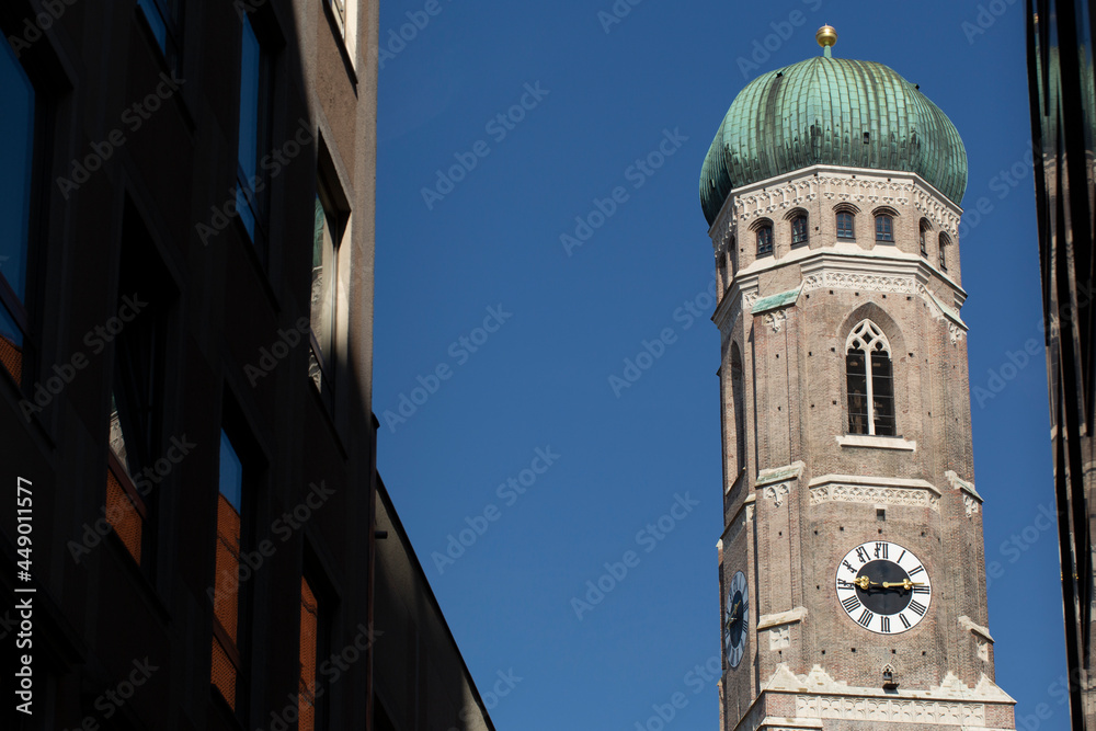 Looking up at one if the towers of the Munich Cathedral of Our Dear Lady