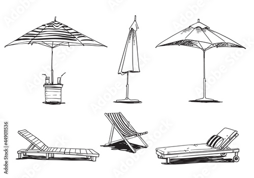 Photographie set of caise lognue chairs  and umbrellas, pool and beach  furniture vector line