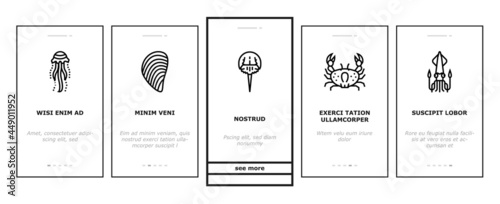 Ocean Underwater Life Onboarding Mobile App Page Screen Vector. Ocean Fish And Star, Jellyfish And Turtle, Crab And Skate, Mussels And Phytoplankton Illustrations