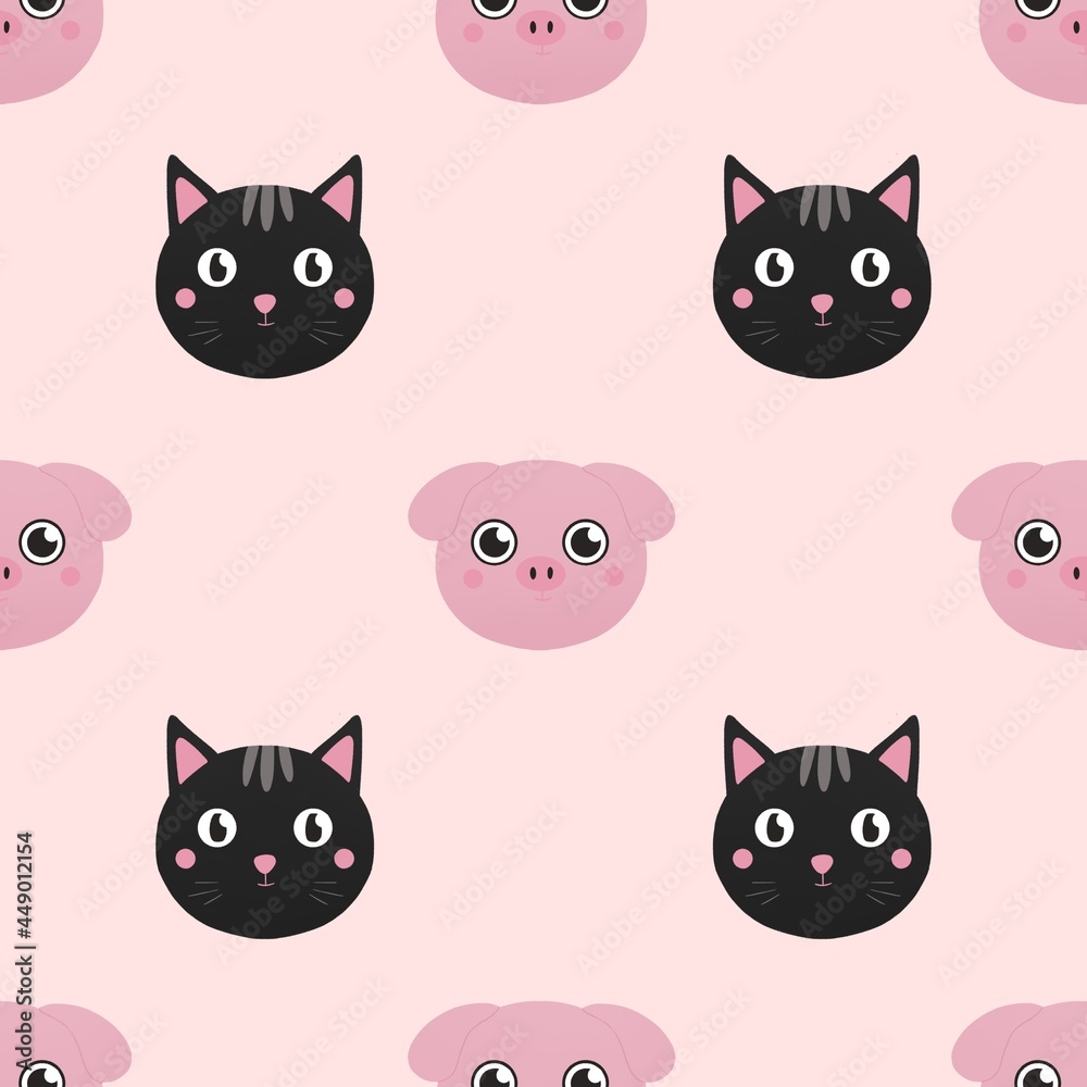 cute pattern for kids with pig and cat 