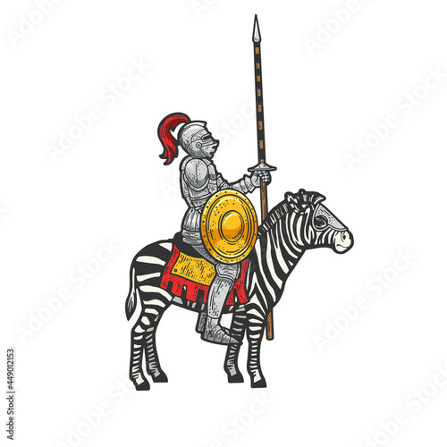 medieval knight riding a zebra color sketch engraving vector illustration. T-shirt apparel print design. Scratch board imitation. Black and white hand drawn image.