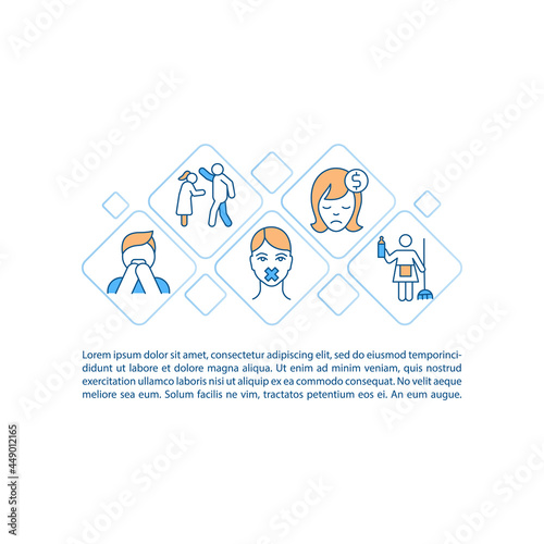 Human slavery signs concept line icons with text. PPT page vector template with copy space. Brochure, magazine, newsletter design element. Violence consequences linear illustrations on white