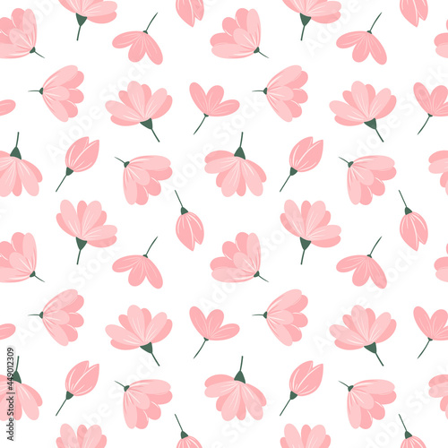 Pink flowers seamless pattern on white background. Cute floral repeat print. Flowers ornament for textile, fabric, wallpaper, wrapping paper and decoration.