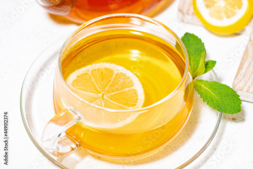 healthy tea for immunity with ginger, lemon and mint, top view