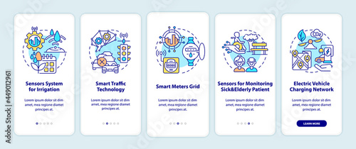 Smart city projects onboarding mobile app page screen. Various technologies walkthrough 5 steps graphic instructions with concepts. UI, UX, GUI vector template with linear color illustrations