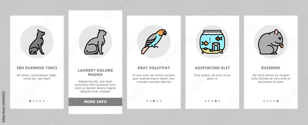 Obraz premium Pets Domestic Animal Onboarding Mobile App Page Screen Vector. Dog And CAt Pets, Horse And Donkey, Pig And Bull Or Cow Farmland Beast, Parrot And Chicken Bird Illustrations