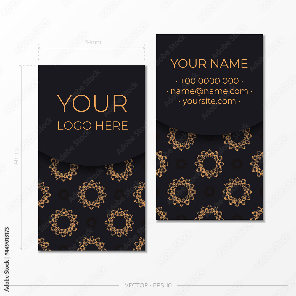 Black business card template with luxury gold ornaments. Print-ready business card design with vintage patterns.