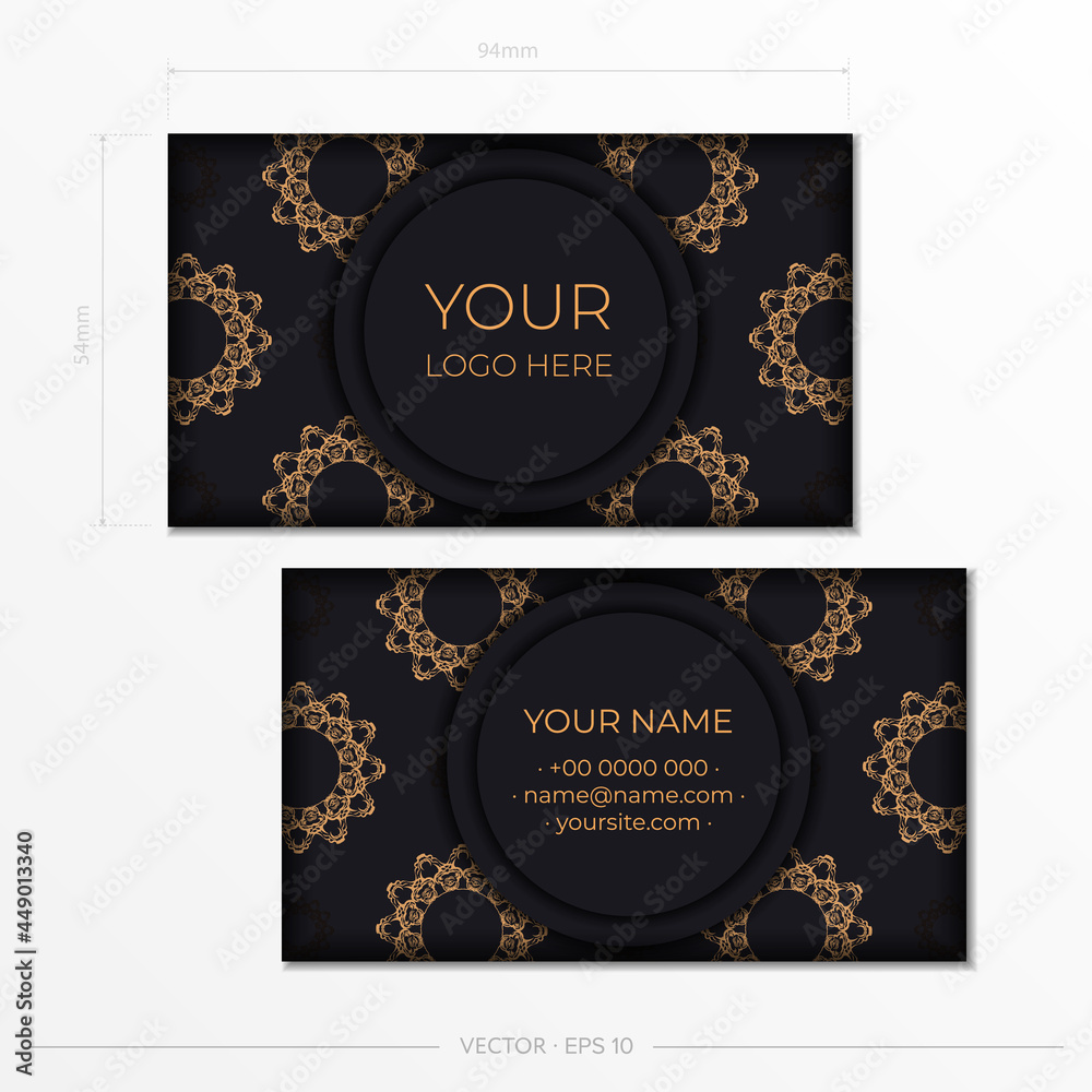 Fototapeta premium Black business card template with luxurious gold patterns. Print-ready business card design with vintage ornament.
