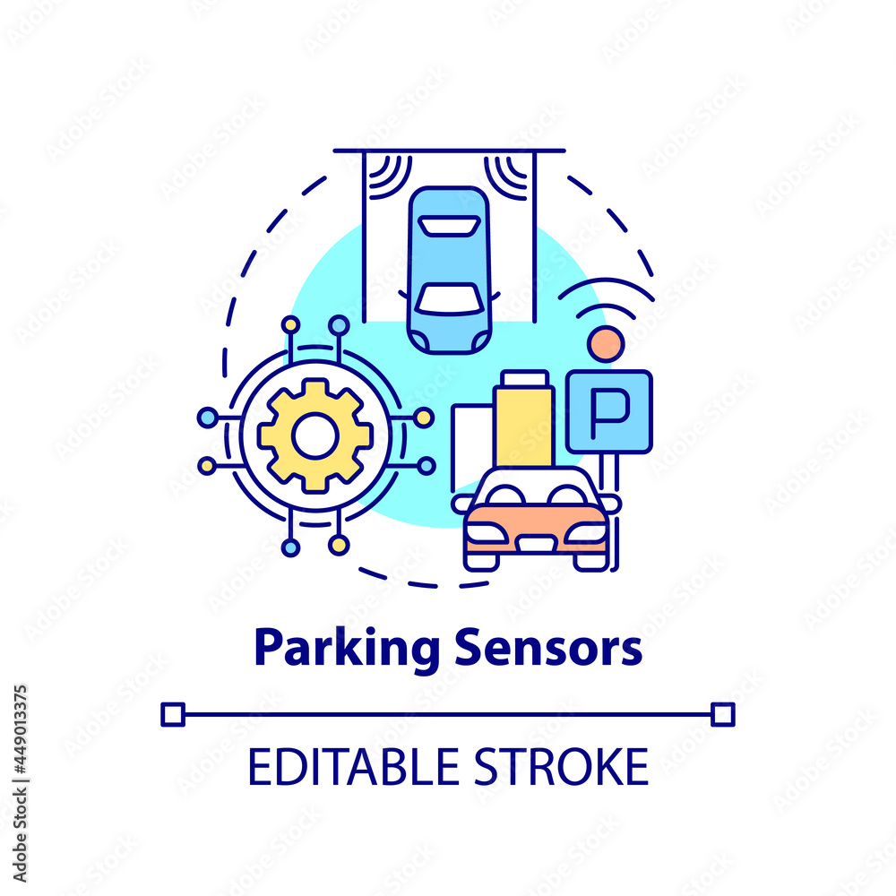 Parking sensors concept icon. Automatic transport parking control system abstract idea thin line illustration.Vacant space for car. Vector isolated outline color drawing. Editable stroke