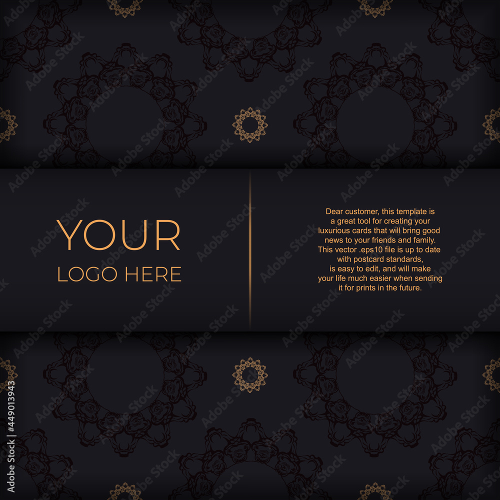 Square Postcard template in black color with luxurious gold patterns. Print-ready invitation design with vintage ornaments.