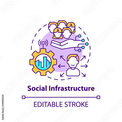 Social infrastructure concept icon. Improve city life abstract idea thin line illustration. Social support and help services. Vector isolated outline color drawing. Editable stroke