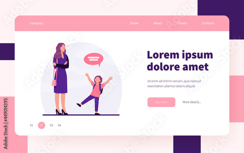 Mom with folded hands listening kid. Child, speech bubble, conversation flat vector illustration. Communication and parenthood concept for banner, website design or landing web page