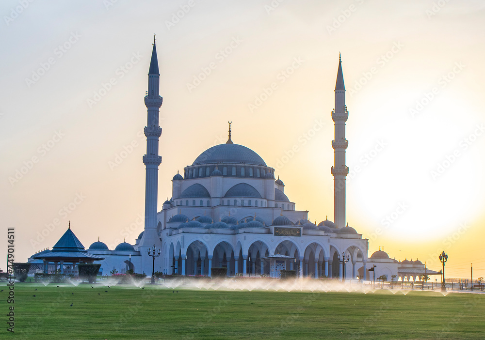 Fototapeta premium Sharjah, UAE - 07.31.2021 - Sharjah mosque at evening hour. Religion