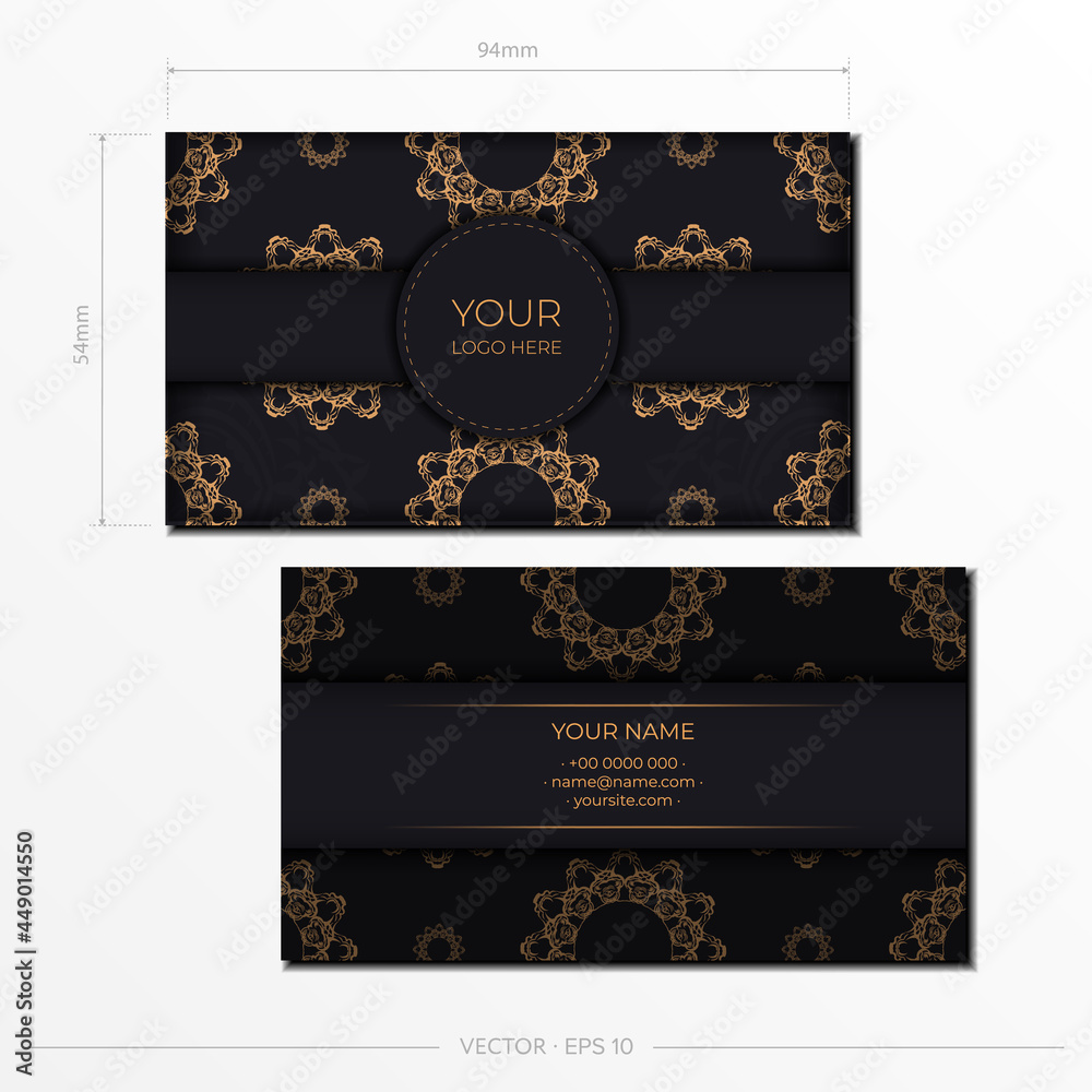 Fototapeta premium Vector Black business card preparation with luxurious gold patterns. Template for print design business card with vintage ornament.