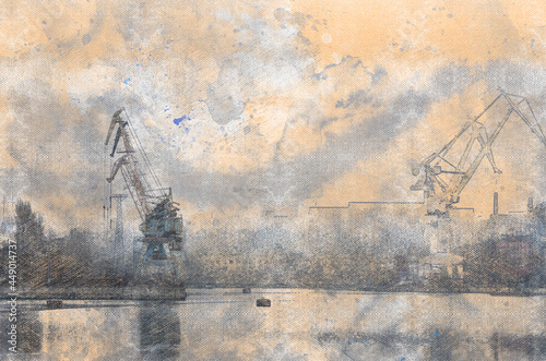 Digital watercolor painting of the morning port. View from the w