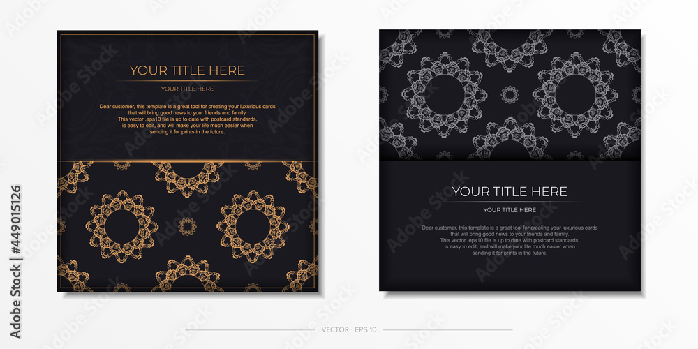 Square Vector Black color postcard template with luxury gold patterns. Print-ready invitation design with vintage ornaments.