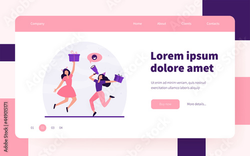 Two cheerful women celebrating and jumping with gifts. Present, loudspeaker, fun flat vector illustration. Promotion and advertising concept for banner, website design or landing web page