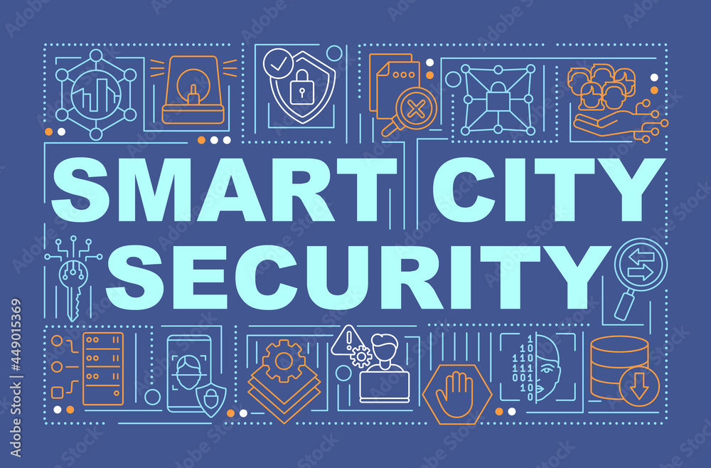 Smart city cyber safety word concepts banner. Urban security. Infographics with linear icons on blue background. Isolated creative typography. Vector outline color illustration with text Smart city cyber safety word concepts banner. Urban security. Infographics with linear icons on blue background. Isolated creative typography. Vector outline color illustration with text