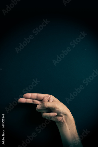 Colour image of hand demonstrating ASL sign language letter H with empty copy space
