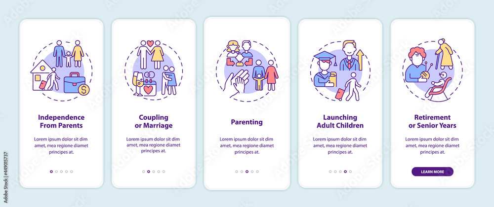 Stages of family life cycle onboarding mobile app page screen. Parenting walkthrough 5 steps graphic instructions with concepts. UI, UX, GUI vector template with linear color illustrations