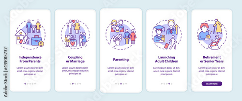Stages of family life cycle onboarding mobile app page screen. Parenting walkthrough 5 steps graphic instructions with concepts. UI, UX, GUI vector template with linear color illustrations