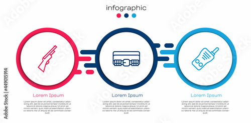 Set line Hunting gun, cartridge belt and Walkie talkie. Business infographic template. Vector