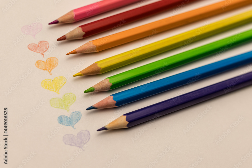 Naklejka premium An album for drawing. Hearts drawn with colored pencils by a child. A declaration of love. Valentine's day.