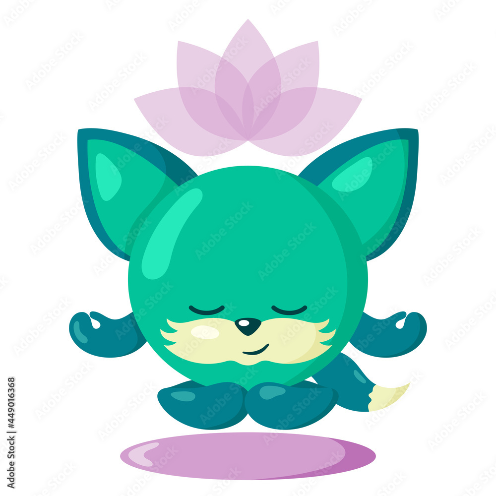 Funny cute kawaii meditating fox with lotus flower over head and round body in flat design with shadows. Isolated meditation animal vector illustration Funny cute kawaii meditating fox with lotus flower over head and round body in flat design with shadows. Isolated meditation animal vector illustration