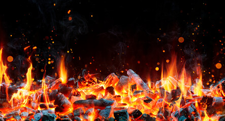 Charcoal For Barbecue Background With Flames 