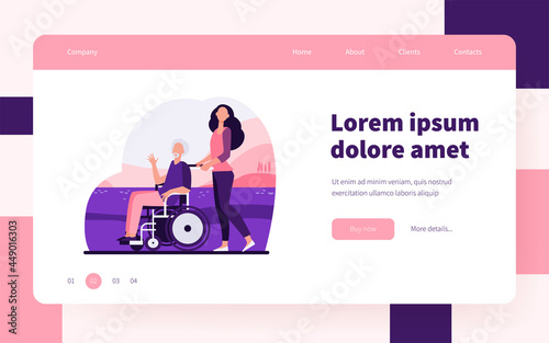 Young woman wheeling wheelchair with senior man. Volunteer helping disabled person flat vector illustration. Disability, volunteering concept for banner, website design or landing web page