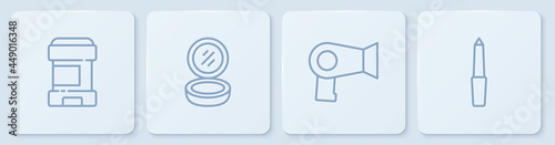 Set line Antiperspirant deodorant roll, Hair dryer, Makeup powder with mirror and Nail file. White square button. Vector