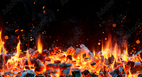 Fotografia Charcoal For Barbecue Background With Flames