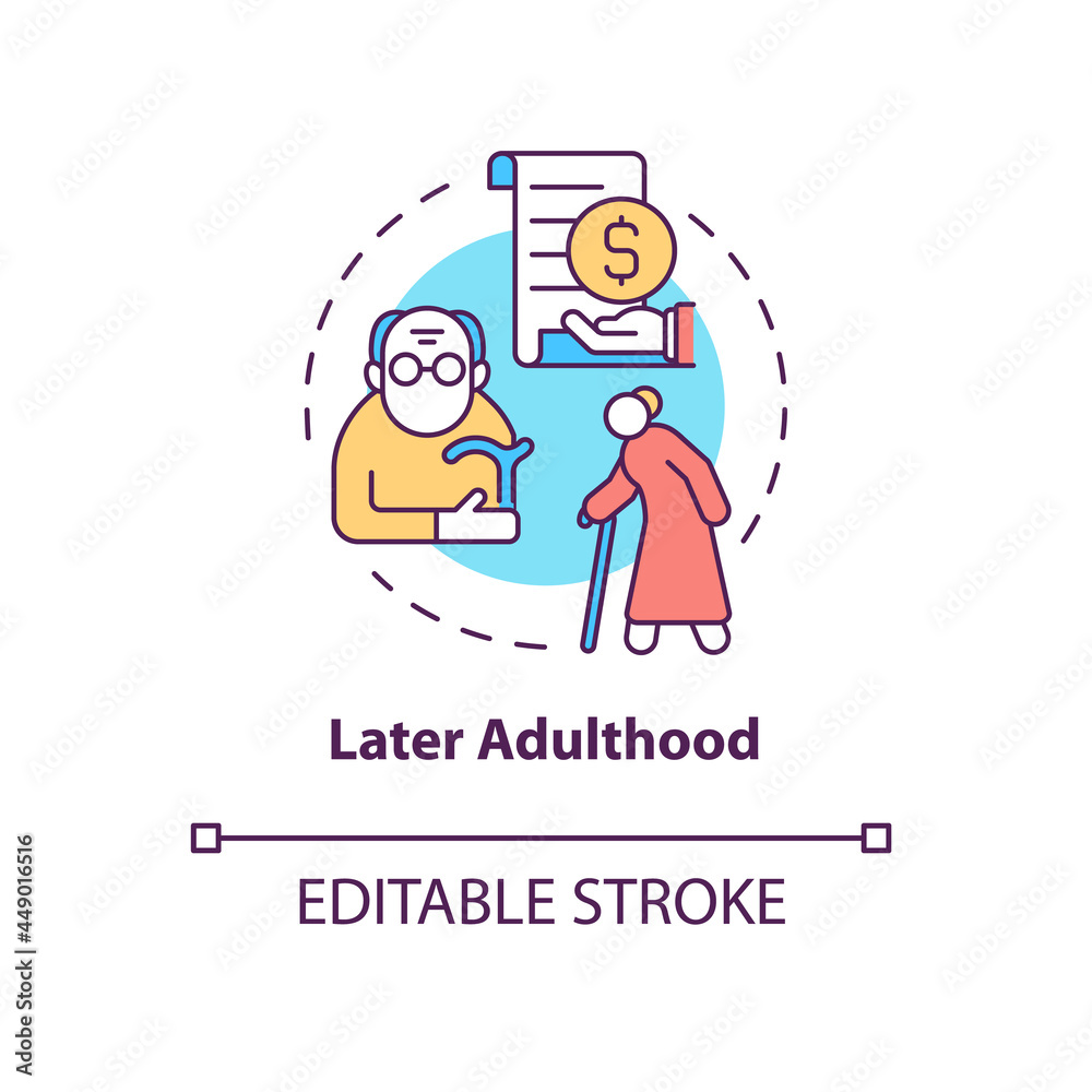 Later adulthood concept icon. Meaning and satisfaction in life way. Senior age and retirement abstract idea thin line illustration. Vector isolated outline color drawing. Editable stroke Later adulthood concept icon. Meaning and satisfaction in life way. Senior age and retirement abstract idea thin line illustration. Vector isolated outline color drawing. Editable stroke