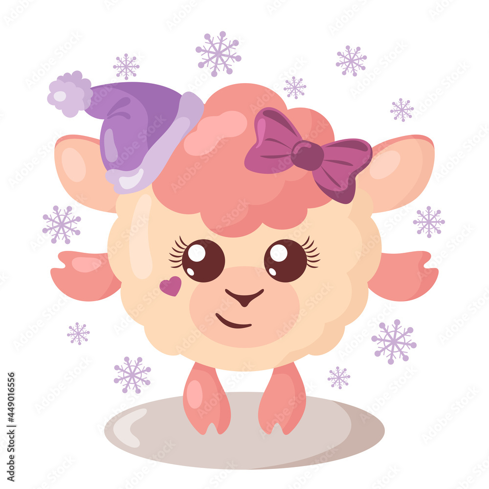 Funny cute kawaii lamb with Christmas hat and round body surroundet by snowflakes in flat design with shadows. Isolated animal vector illustration	