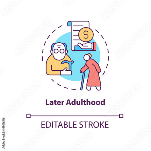 Later adulthood concept icon. Meaning and satisfaction in life way. Senior age and retirement abstract idea thin line illustration. Vector isolated outline color drawing. Editable stroke