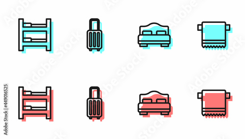 Set line Hotel room bed, , Suitcase and Towel on hanger icon. Vector