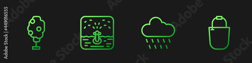Set line Cloud with rain, Tree apple, Automatic irrigation sprinklers and Bucket. Gradient color icons. Vector