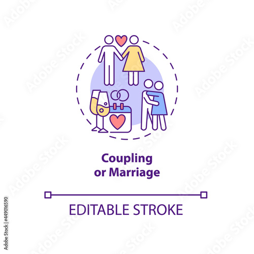 Coupling or marriage concept icon. Intimate relationship building. Wedding ceremony. Family founding abstract idea thin line illustration. Vector isolated outline color drawing. Editable stroke