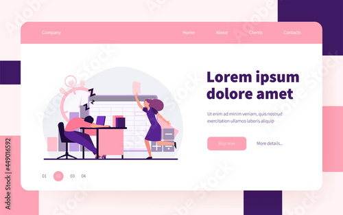 Lazy office worker. Man sleeping at workplace, colleague with paper running to him flat vector illustration. Burnout, fatigue, tired employee concept for banner, website design or landing web page