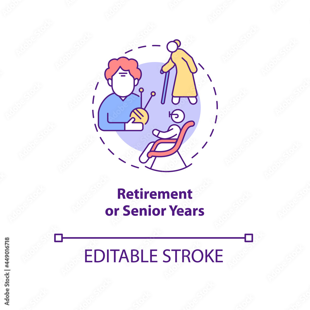 Retirement of senior years concept icon. Social safety. Older adult hobbies. Pension age abstract idea thin line illustration. Vector isolated outline color drawing. Editable stroke Retirement of senior years concept icon. Social safety. Older adult hobbies. Pension age abstract idea thin line illustration. Vector isolated outline color drawing. Editable stroke