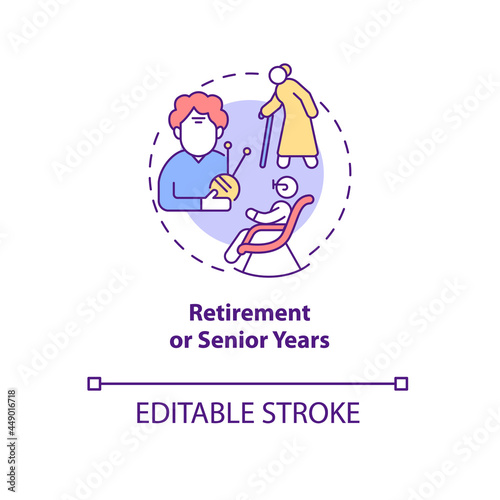 Retirement of senior years concept icon. Social safety. Older adult hobbies. Pension age abstract idea thin line illustration. Vector isolated outline color drawing. Editable stroke