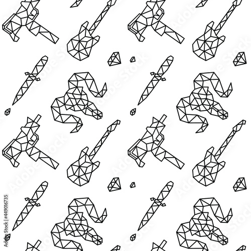 Black vector geometric pattern on white background. Street gangsta and romantic style. Sketch uzi, guitar, skull and knife.